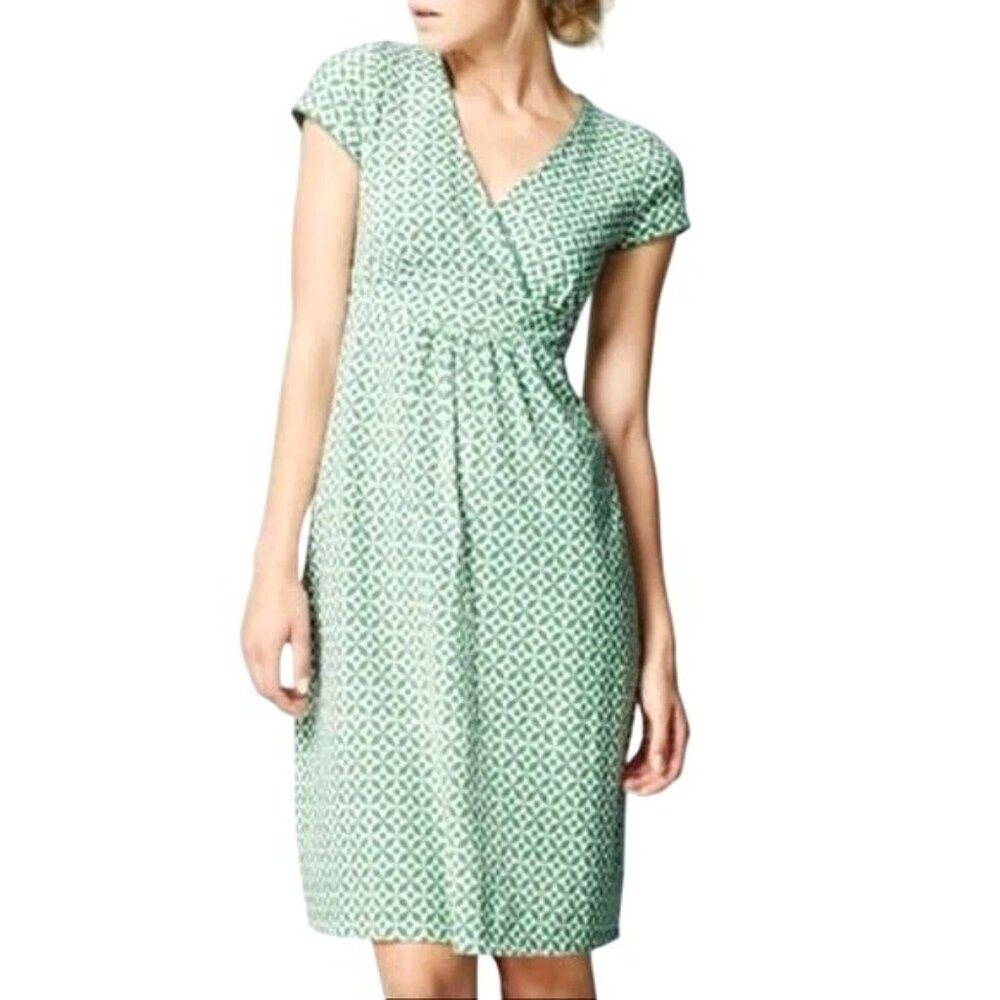 Boden Lola Jersey Knit Faux Wrap Dress Geo Pinwheel Print Green V-Neckline Sz 10